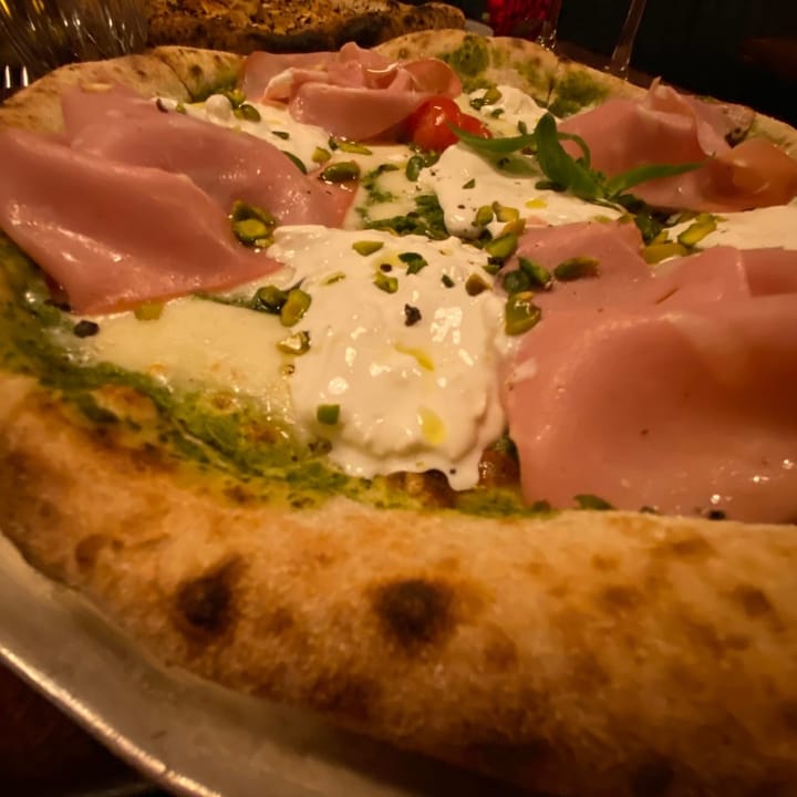 The Delfina pizza, fior de latte, mortadella and pistachio