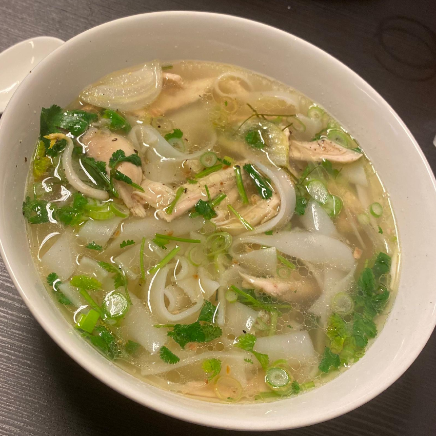 A large bowl of chicken pho with belt noodles, coriander and scallions